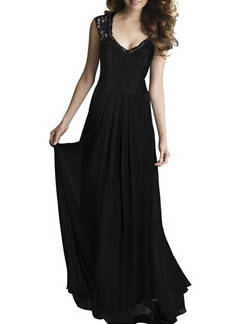 Black Chiffon Plus Size Slim Linking Lace V Neck Full Skirt Maxi Dress for Cocktail Party Evening