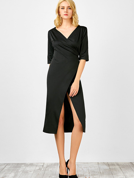 Black Slim V Neck Furcal Bandage Side Midi Wrap Dress for Casual Office Evening