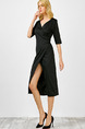 Black Slim V Neck Furcal Bandage Side Midi Wrap Dress for Casual Office Evening