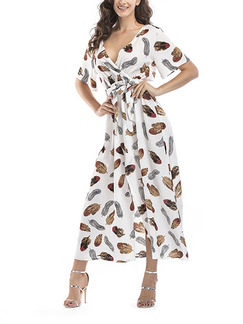 White Colorful Plus Size Slim Printed V Neck Furcal Band Maxi Dress for Casual Beach Party Nightclub
