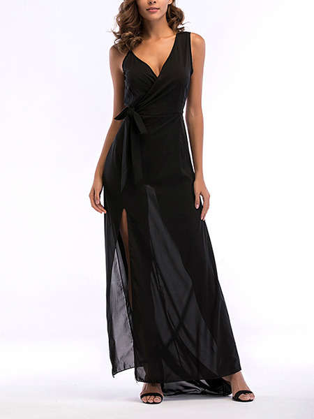 Black Chiffon Slim Sling V Neck Furcal Side Maxi Dress for Cocktail Party Evening