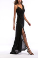 Black Chiffon Slim Sling V Neck Furcal Side Maxi Dress for Cocktail Party Evening