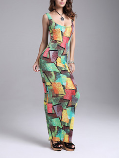Colorful Plus Size Slim Printed Sling Square Collar Over-Hip Maxi Bodycon Dress for Casual Party