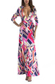 Colorful Slim A-Line Located Printing Deep V Neck High Waist Band Maxi Long Sleeve Dress for Party Evening Cocktail