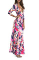Colorful Slim A-Line Located Printing Deep V Neck High Waist Band Maxi Long Sleeve Dress for Party Evening Cocktail
