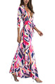 Colorful Slim A-Line Located Printing Deep V Neck High Waist Band Maxi Long Sleeve Dress for Party Evening Cocktail