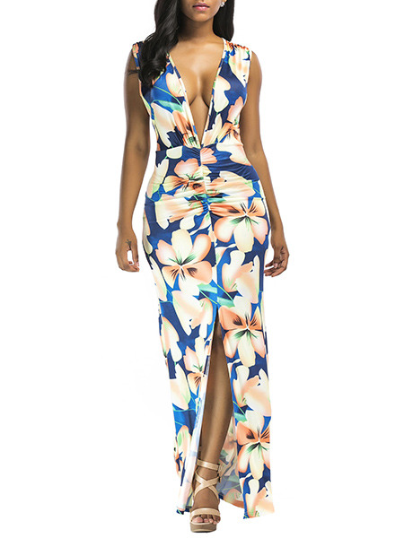 Colorful Slim Printed Deep V Neck High Waist Furcal Over-Hip Floral Maxi Dress for Party Evening Cocktail