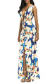 Colorful Slim Printed Deep V Neck High Waist Furcal Over-Hip Floral Maxi Dress for Party Evening Cocktail