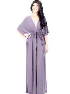 Purple Plus Size Loose Deep V Neck Open Back Adjustable Waist Band High Waist Maxi Dress for Party Evening Cocktail