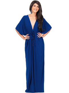 Blue Plus Size Loose Deep V Neck Open Back Adjustable Waist Band High Waist Maxi Dress for Party Evening Cocktail