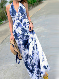 Blue and White Slim Printed Hang V Neck Band Open Back Adjustable High Waist Maxi Dress for Casual Beach