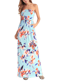 Blue Colorful Plus Size Slim A-Line Printed Wrapped Chest Open Back High Waist Pockets Maxi Floral Dress for Casual Beach Party