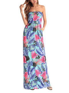 Blue Colorful Plus Size Slim A-Line Printed Wrapped Chest Open Back High Waist Pockets Tropical Maxi Strapless Dress for Casual Beach Party