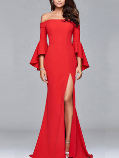 Red Slim Off-Shoulder Open Back Flare Sleeve Over-Hip High Furcal Maxi Dress for Party Evening Cocktail Prom