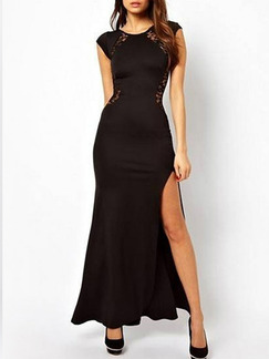 Black Slim Round Neck Linking Lace Cutout Back High Furcal Fishtail Maxi Dress for Party Evening Cocktail Prom