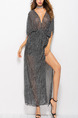 Grey Slim V Neck Folding Furcal See-Through Maxi Dress for Casual Party Evening