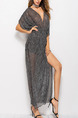 Grey Slim V Neck Folding Furcal See-Through Maxi Dress for Casual Party Evening
