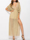 Beige Slim V Neck Folding Furcal See-Through Maxi Dress for Casual Party Evening