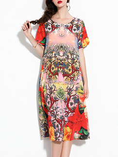Colorful Plus Size Loose A-Line Printed Round Neck Midi Shift Dress for Casual