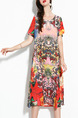 Colorful Plus Size Loose A-Line Printed Round Neck Midi Shift Dress for Casual
