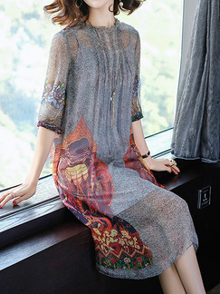 Grey Two-Piece Loose Printed Laced Collar See-Through Double Layer Midi Dress for Casual Party