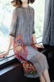 Grey Two-Piece Loose Printed Laced Collar See-Through Double Layer Midi Dress for Casual Party