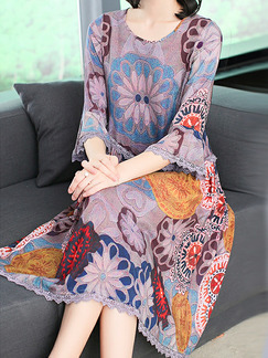 Colorful Plus Size Loose Printed H-Shaped Round Neck Flare Sleeve Linking Lace Midi Dress for Casual Party