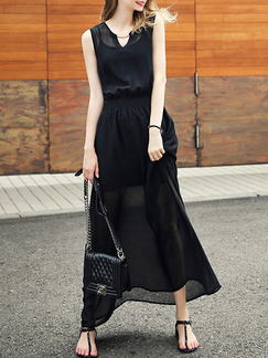 Black Two-Piece Chiffon Loose Round Neck See-Through Double Layer Full Skirt Dress for Casual Party