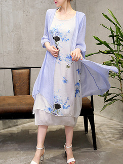 White and Blue Two-Piece Plus Size Loose Round Neck Printed Asymmetrical Hem See-Through Cardigan Midi Dress for Casual Party