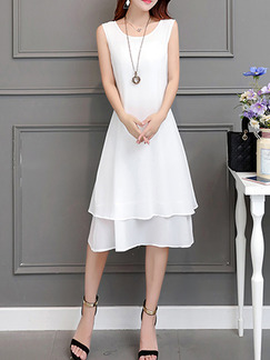 White Chiffon Plus Size Slim A-Line Round Neck Double Layer Band Back Asymmetrical Hem Knee Length Dress for Casual Party