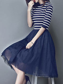 White and Blue Plus Size Slim A-Line Contrast Linking Stripe Round Neck Mesh Double Layer Midi Dress for Casual Party