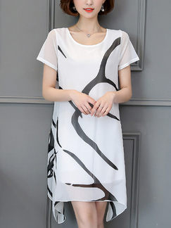 White Chiffon Loose Printed A-Line Round Neck Asymmetrical Hem Double Layer Above Knee Dress for Casual Party