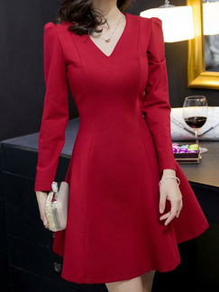 Red Slim A-Line V Neck Bubble Sleeve Fit & Flare Long Sleeve Above Knee Dress for Party Evening Cocktail Semi Formal