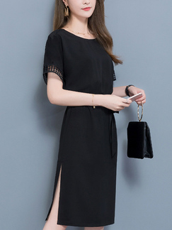 Black Slim H-Shaped Round Neck Band Cutout Cuff Furcal Side Knee Length Dress for Casual Party Evening Office