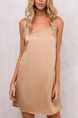 Brown Slim A-Line Sling Off-Shoulder Band Shoulder Slip Above Knee Backless Shift Dress for Casual Party Nightclub