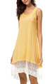 Yellow and White Plus Size Loose Round Neck Linking Mesh See-Through Asymmetrical Hem Shift Above Knee Dress for Casual Party