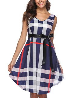 Blue Grid Loose Grid Asymmetrical Above Knee Shift Dress for Casual Party Evening
