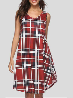 Red Grid Loose Grid Asymmetrical Knee Length Shift Dress for Casual Party Evening