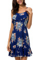 Navy Blue Colorful Slim Printed Ruffle Above Knee Slip Floral Dress for Casual Party