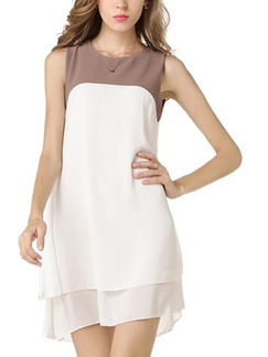 White and Brown Slim A-Line Contrast Linking Round Neck Double Layer Asymmetrical Hem Shift Above Knee Dress for Casual Party