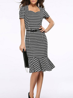 Black and White Plus Size Slim Square Collar Houndstooth Over-Hip Fishtail Sheath Knee Length Dress for Casual Party Office