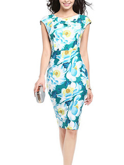 Colorful Plus Size Slim Printed Knot V Neck Over-Hip Bodycon Knee Length Floral Dress for Casual Party Office