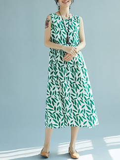 Green and White Loose A-Line Printed Round Neck Adjustable Waist Midi Dress for Casual Party