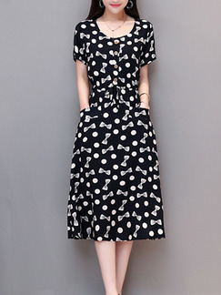 Black and White Slim Polka Dot Butterfly Knot Midi Fit & Flare Plus Size Dress for Casual Party