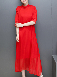 Red Loose Chinese Buttons Maxi Dress for Casual