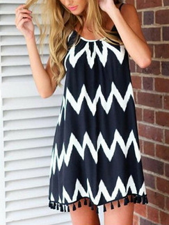 Black and White Loose Printed Tassel Above Knee Backless Dress for Casual Party