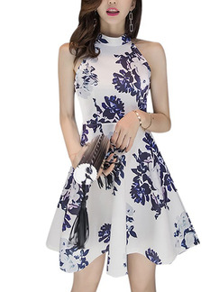 White Colorful Slim A-Line Pleated Above Knee Fit & Flare Floral Halter Dress for Casual Party Nightclub