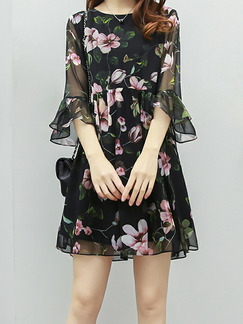 Colorful Loose Printed Ruffle Above Knee Floral Plus Size Dress for Casual Party