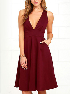 Wine Red  Slim Pleated Pockets Knee Length Fit & Flare V Neck Dress for Casual Party Evening