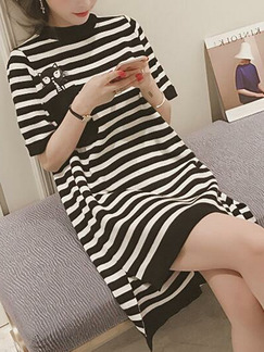 Black and White Loose H-Shaped Stripe Above Knee Shift Dress for Casual Party